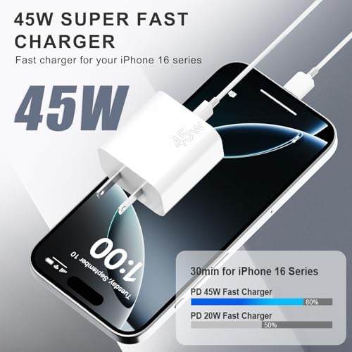 Unleash Speed with the 45 W i-Phone 16 Pro Max Fast Charging Wall Charger – Complete with 10 FT USB C Cable for Enhanced Connectivity and Versatile Compatibility with i-Phone 16 Series, 15 Series, and Android Devices – Experience Rapid Power Delivery and Superior Durability for Home, Office, or Travel Use