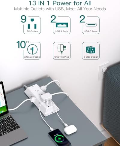 Ultimate Power and Charging Solution: Addtam 15 ft Surge Protector Power Strip with 9 Outlets & 4 USB Ports – Ideal for Home, Office, and College Dorms – Enhanced Surge Protection & Fast Charging Capability