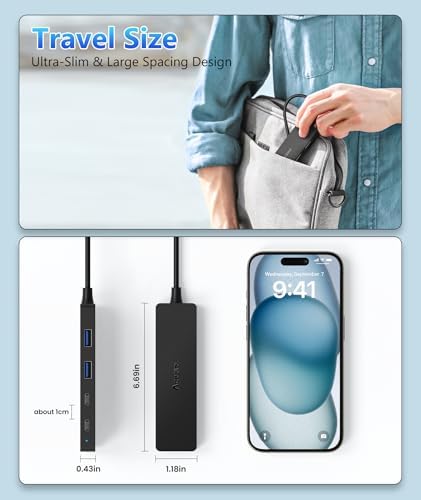 Ultra-Slim 4-Port USB 3.0 Hub with 2 ft Extended Cable – High-Speed Data Transfer for Mac Books, PCs, and More – Compact USB Expander for Enhanced Connectivity, Ideal for On-the-Go Professionals and Home Offices