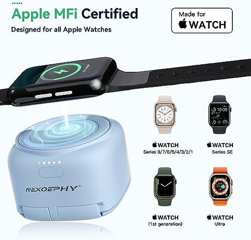 Compact Magnetic Portable Charger for Apple Watch – 1200 m Ah MFi Certified Power Bank with Built-In Cable, Keychain Design for Effortless Travel, Compatible with Series 9/8/7/6/5/4/3/2/SE/Ultra – Reliable Wireless Charging Solution for On-the-Go Lifestyle