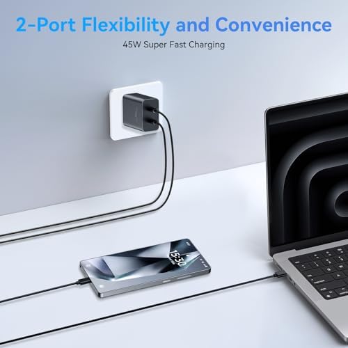 Samsung 45 W Dual Port USB-C Fast Charger with 10 FT Cables – Ultimate Rapid Charge Solution for Galaxy S Series Devices – Efficient Power Delivery for On-the-Go Charging Needs and Enhanced Compatibility with S25, S24, S23, S22, S21, S20+