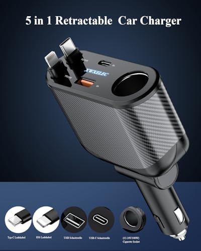 Ultimate 5-in-1 Retractable Car Charger with Fast 180 W Power Delivery, Dual USB-C Cables, and Replaceable Fuse for Enhanced Safety – Perfect for i Phone, Galaxy, Pixel, and GPS Devices on the Go