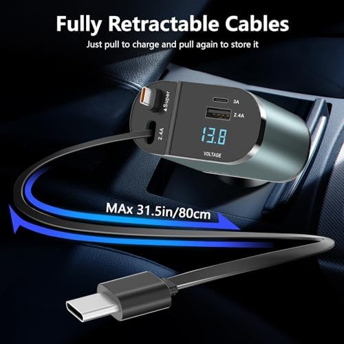 69 W Retractable Car Charger – 4-in-1 Fast Charging Solution with 2.6 ft Cables, Dual USB C & A Ports for i Phone 16/15/14/13/12/11, Galaxy, Pixel & Samsung Devices – Ultimate Travel Accessory for Seamless Power on the Road