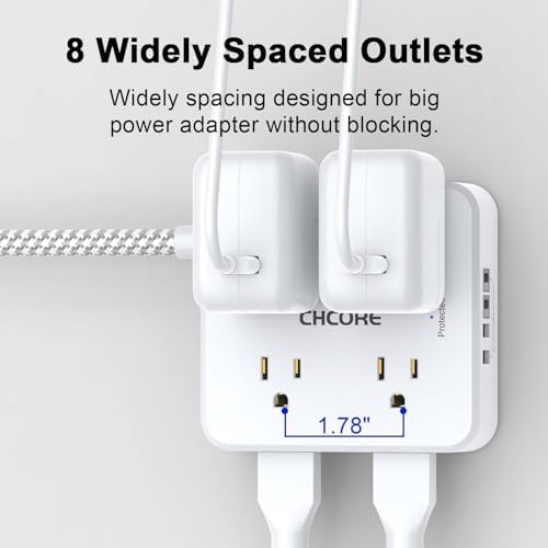 CHCORE 5 Ft Surge Protector Power Strip – 8 Outlet Power Hub with 4 USB Ports (2 USB-C) for Rapid Charging, Flat Plug Design for Space-Saving Convenience in Home and Office, ETL Certified for Enhanced Safety and Performance