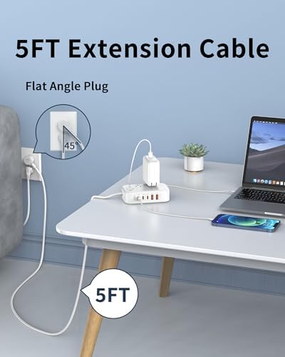 Effortless Power: 65 W USB Charging Station with Surge Protection – 5 FT Flat Extension Cord for Travel, Home, Office & School – Multi-Device Charging Hub for Fast, Safe Energy Delivery – Lightweight & Compact Design for Ultimate Portability