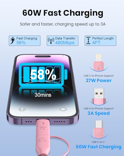 4-in-1 Retractable Lightning & USB-C Charging Cable – 60 W Fast Charge Compatible with i Phone 6-16, Perfect for Car Play and On-the-Go Power Solutions, Durable Coiled Design, 4 FT Tangle-Free Cable for Effortless Charging and Ultimate Convenience in Black