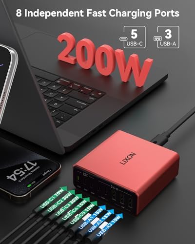 200 W Ga N IV USB-C Charging Hub – 8-Port Fast Charger Station with PD 65 W Laptop Power for Mac Book Pro/Air, i Phone 16/15/14, Galaxy S23/22 & Steam Deck – Ultimate Compact Solution for Multi-Device Efficiency and Safety