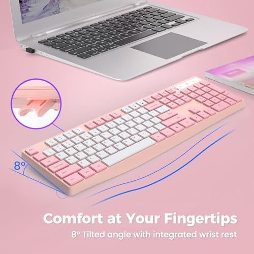 Lovaky Pink White Wireless Keyboard – Ergonomic Full Size Keyboard with Numeric Keypad for Laptops, Desktops, and More – 2.4 G Stable Connection with Enlarged Indicator Lights for Optimal Visibility and Comfort