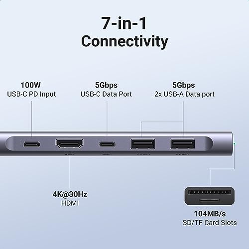 UGREEN Revodok 1071 7-in-1 USB C Hub – Ultimate Connectivity Dock with 4 K HDMI, 100 W PD Charging, Dual USB-A 5 Gbps Ports, and SD/TF Card Reader for Mac Book Pro, i Pad Pro, XPS, Think Pad – Enhance Your Productivity with Fast, Reliable Performance