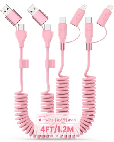 Versatile 2-in-1 Coiled USB-C and Lightning Charging Cable – 60 W Fast Charger for USB-C/Lightning Devices, Perfect for Car Use & Everyday Needs, [2-Pack] in Stylish Pink – MFi Certified for Enhanced Durability and Performance, Ideal for Car Play & Android Auto