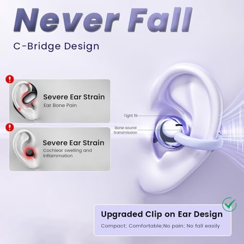 Elevate Your Audio Experience with Cutting-Edge Open Ear Clip Bluetooth 5.4 Earbuds – Ergonomic, IPX7 Waterproof Wireless Headphones Featuring 36-Hour Playtime, Built-In Microphone, and Stylish Purple Design for Active Lifestyles and Ultimate Comfort – Ideal for i OS & Android Users