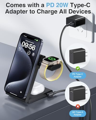 Revolutionary 3-in-1 Foldable Magnetic Wireless Charging Station with PD 20 W USB-C Adapter – Ultimate Compatibility for i Phone 16/15/14/13/12 Series, Apple Watch, and Air Pods in Sleek Black Finish, Perfect for Home and Travel Efficiency