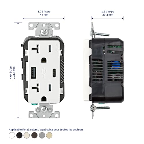 Leviton Dual USB In-Wall Charger with 20 A Tamper-Resistant Outlet – Type A & Type-C Compatibility for Smartphones and Tablets, Light Almond Finish – Streamlined Charging Solution for Home and Office Spaces