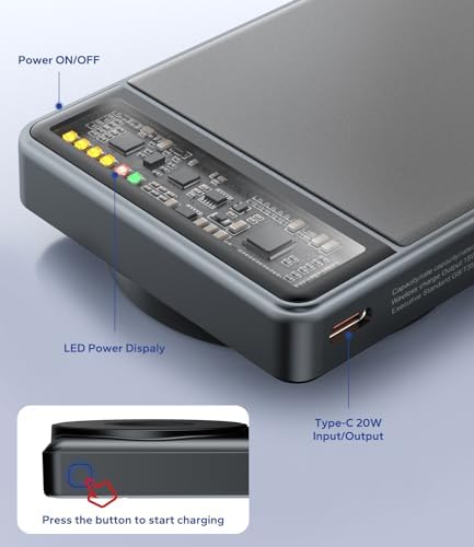KPON Magnetic Power Bank with 10,000 m Ah Capacity – Wireless Fast Charging Portable Charger for i Phone 16 Pro Max/15/14/13 and Apple Watch, Foldable Stand for Hands-Free Use, Sleek Carbon Black Design – Ultimate Convenience for On-the-Go Charging