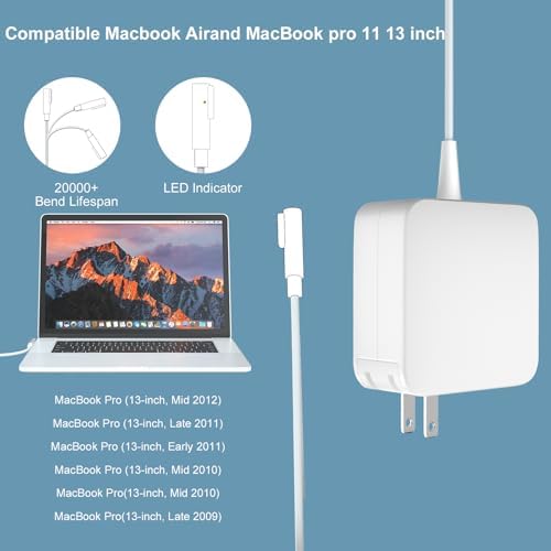 60 W L-Tip Mac Book Pro Charger – Universal Magnetic Power Adapter for Pre-Mid 2012 13-Inch Models – Fast Charging with Safety-Certified Design and Travel Optimization – LED Status Indicator & Durable Heat Sink for Reliable Performance – Includes 6.6 ft Power Cord – Backed by 30-Day Money-Back Guarantee & 1-Year Warranty