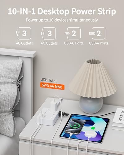 Versatile Surge Protector Power Strip with 6 AC Outlets and 4 Fast-Charging USB Ports – 1050 Joules Surge Protection, 5 FT Wall-Mountable Extension Cord for Home and Office Use – Streamlined Charging Station for All Your Devices