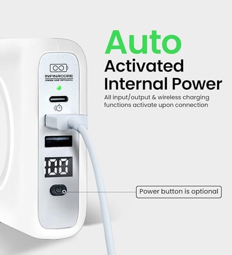 Infina Core P3 8000 m Ah Portable Power Bank: Ultra-Fast 18 W USB-C Charger with 4-in-1 Functionality, Qi Wireless Compatibility, and Travel-Ready Foldable Plug for Effortless Device Charging on the Go