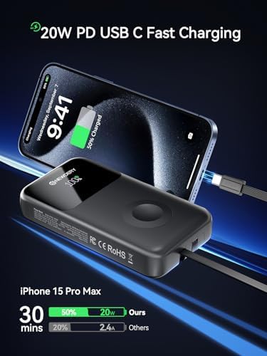 NEWDERY 20000 m Ah High-Capacity Portable Charger with Built-in Cables – Fast PD 20 W Power Bank for Apple Watch, i Phones, i Pads, and Samsung Devices – Ultimate Travel Companion for Uninterrupted Power and Enhanced Compatibility