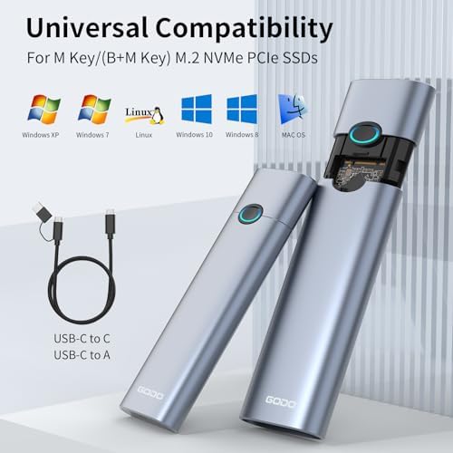 GODO RGB M.2 PCIe NVMe & SATA External SSD Enclosure – Ultra-Fast USB-C Adapter with Tool-Free Installation, 10 Gbps Transfer Speed, UASP & TRIM Support, Stylish RGB Lighting for Enhanced Portability and Performance