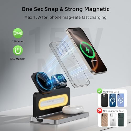 Revolutionize Your Charging Experience with the 3 in 1 Foldable Wireless Charging Station for Apple Devices – Mag Safe-Compatible Dock for i Phone 12-16, Apple Watch, and Air Pods with Built-in Night Light for Effortless Convenience and Speed