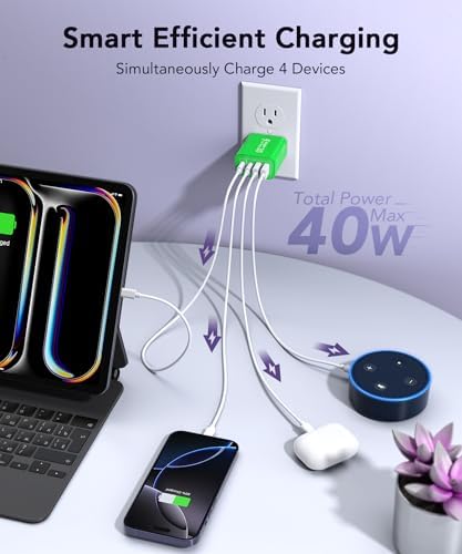 40 W USB C Multi-Device Fast Charger – 4-Port Power Adapter for i Phone & Samsung – Sleek Black Compact Travel Charger with Dual PD & QC Technology for Efficient Home and On-the-Go Charging Solutions – Perfect for Busy Professionals and Families