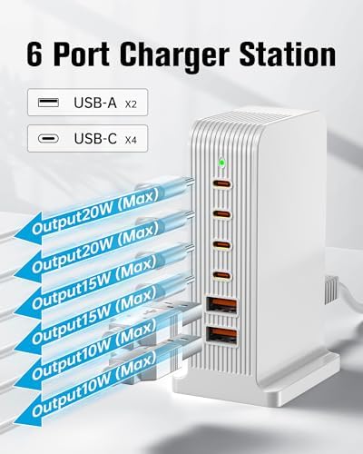 Revolutionary 6-Port USB C Charging Hub – High-Speed Multi-Device Power Station for i Phone 15/14/13/12, i Pad, Samsung Galaxy, and Google Pixel – Compact Travel Charger with Advanced Safety Features – Ultimate Solution for Efficient Charging at Home, Office, and On-the-Go