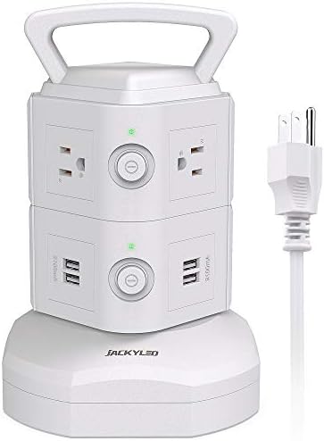 JACKYLED Power Strip Tower Surge Protector with 12 Outlets and 6 USB Ports (2 USB-C) – High-Speed Charging Station with 1050 Joules Protection, 1625 Watts, 6.5 ft Extension Cord for Enhanced Home Office Efficiency and Device Safety