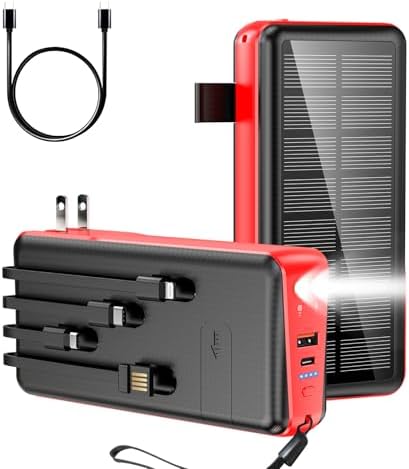 High-Capacity Solar Power Bank 50000 m Ah with Built-in Cable & Wall Plug – 22.5 W Fast Charging Portable Charger with 5 Outputs, Dual Inputs, and Phone Holder – Versatile External Battery Pack with Dual LED Flashlights for Outdoor Adventures (Red)