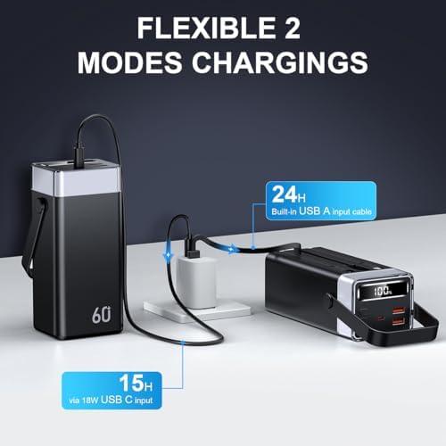High-Capacity 60000 m Ah Fast-Charging Power Bank with Built-in Cables – Ultimate Portable Charger for i Phone, Samsung Galaxy, and More – Ideal for Travel, Camping, and Outdoor Adventures with Enhanced Compatibility and Efficiency