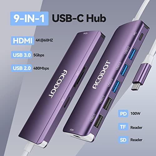Acodot 9-in-1 USB C Hub: Ultimate 4 K HDMI Adapter with 3 USB 3.0 Ports, SD/TF Reader & 100 W Power Delivery – Stylish Purple Multiport Hub for Mac Book, HP, XPS & More – Boost Your Productivity with Seamless Connectivity and Fast Charging