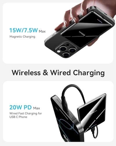 Ultra-Slim 5000 m Ah Mag Safe Power Bank – Effortlessly Charge Your i Phone 16/15/14/13/12 Series with Lightweight Magnetic Wireless Charger – Fast 20 W USB-C & 7.5 W Wireless Charging – Safe, Stylish, and Perfect Travel Companion for On-the-Go Power Solutions