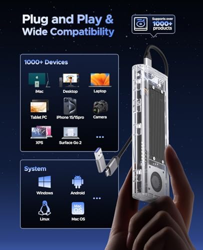 ORICO Transparent M.2 NVMe SSD Enclosure – Ultra-Fast USB 3.2 Gen 2 Adapter for PCI-E M-Key SSDs (2280/2260/2242/2230) – Lightweight and Durable External Solid State Drive Case with Tool-Free Setup and USB Type-C Support for Seamless Data Transfer