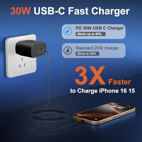 High-Speed 30 W USB C Fast Charger for i Phone 15 & 16 Pro Max with 6 FT Cable – Ultimate Compatibility for i Pad and Samsung Galaxy S24 – Compact, Reliable Power Block with Advanced Safety Features for On-the-Go Charging