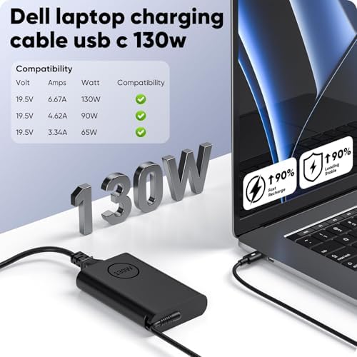 Dell 130 W GAN USB-C Laptop Charger: Fast Charging Power Adapter for XPS & Precision Models with 10 FT Cable, LED Indicator, and Versatile Compatibility – Ideal for Professionals Seeking Efficiency and Durability