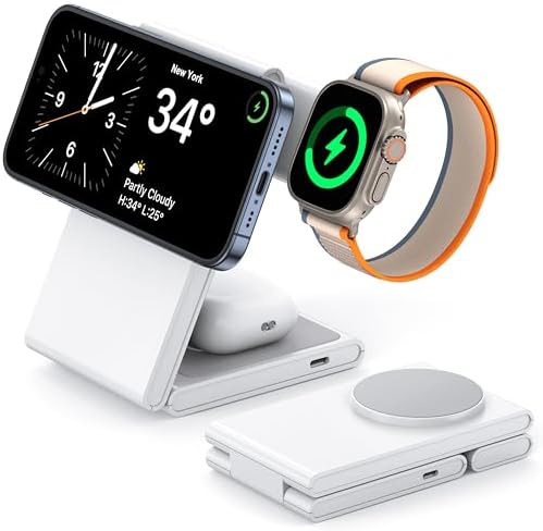 Ultimate 3-in-1 Magnetic Wireless Charging Station – High-Speed 20 W Foldable Charger for i Phone 12-16 Series, Apple Watch 10/Ultra 2, and Air Pods 4 – Portable Travel-Friendly Design with Adapter for Seamless Power Solutions