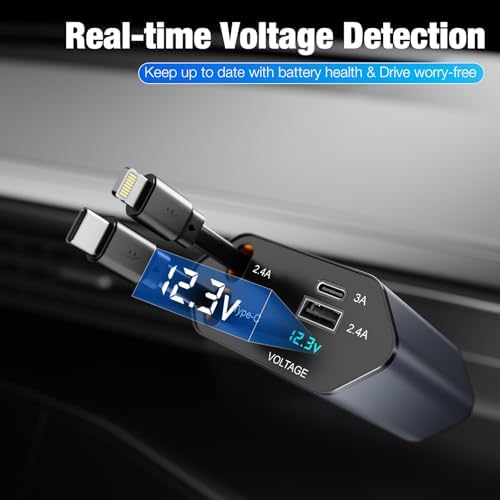 Versatile 4-in-1 Retractable Car Charger – 60 W Fast Charging with Dual USB Ports, Tangle-Free Cables, and Voltage Display for i Phone 16/15/14/13/12/11 & Android Devices – Compact Multi-Device Solution for On-the-Go Power