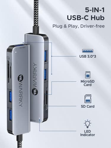 WARRKY 5-in-1 USB C Hub: High-Speed SD/Micro SD Card Reader & USB 3.0 Adapter for i Phone 15 Pro, Samsung Galaxy, Mac Book Pro/Air, i Pad – 2 TB OTG Compatible – Ultimate Connectivity Solution for Photographers & Professionals – Sleek Gray Design for Enhanced Workflow Efficiency