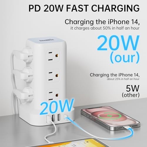 Elevate Your Charging Efficiency with the 12-Outlet Tower Surge Protector Power Strip – 6.5 Feet Extension Cord, 4 USB Ports Including USB-C, Compact Charging Station for Office and Home, Enhanced Surge Protection for Ultimate Device Safety