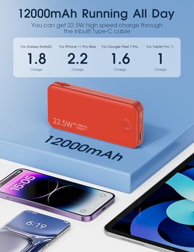 Ultra-Fast Charging Portable Power Bank with Built-In Cable and AC Plug – 12,000 m Ah USB C Travel Charger for i Phone and Android Devices – Lightweight, Compact Design for On-the-Go Power Solutions