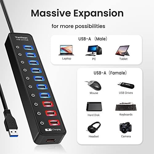 Ultimate 11-Port USB 3.0 Hub Splitter with Smart Charging – High-Speed Data Transfer, Individual LED Switches & 12 V Power Adapter for Enhanced Connectivity and Efficiency