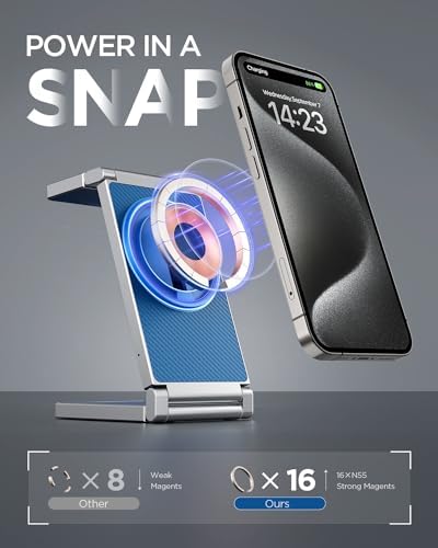 Hohosb Foldable 3-in-1 Magnetic Wireless Charger Station – Premium Zinc Alloy Design for i Phone 15/14/13/12, Air Pods Pro/3/2, and Apple Watch – Mag Safe Compatible, Fast Charging, and Travel-Friendly Solution for All Your Devices (Blue)