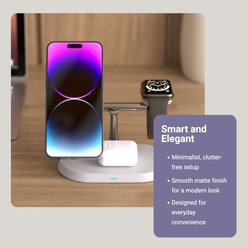 Nord Tech 3-in-1 Magnetic Wireless Charger – Streamlined Fast Charging Dock for i Phone, Air Pods & Apple Watch, 15 W Power Delivery, Minimalist White Design, Ideal Desk & Nightstand Accessory, Effortless Device Alignment, Standby Mode for Notifications, Enhanced Compatibility & Aesthetics