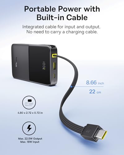 Baseus 10,000 m Ah Travel Power Bank with 20 W PD Fast Charging & Integrated Braided USB-C Cable – The Ideal On-the-Go Charger for i Phone 16 Pro/15, i Pad, Samsung S25/S24 – Ultimate Solution for Busy Lifestyles and Seamless Connectivity