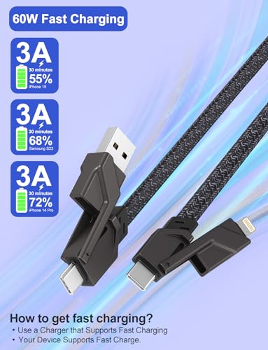 Ultimate 4-in-1 USB C and Lightning Cable – 10 Ft Flat Braided Charging Cord with 60 W Fast Charging, MFi Certified Compatibility for i Phone, i Pad, Mac Book, Samsung – Perfect for Apple Car Play & Android Auto Integration – Enhanced Durability and Versatility for Seamless Data Sync and Power Delivery