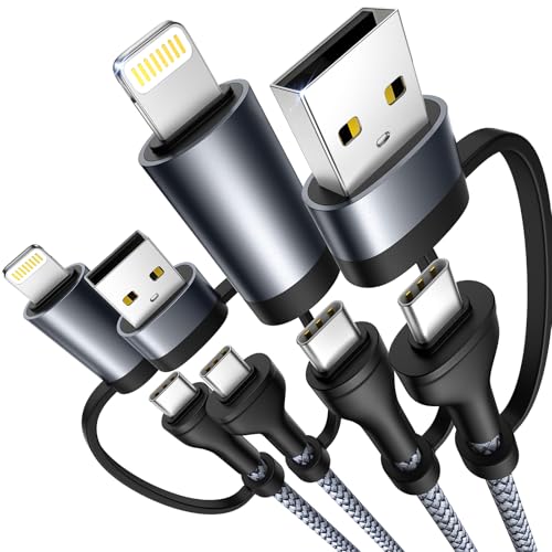 Universal 4-in-1 Multi-Device Charging Cable [2-Pack, 6.6 FT] – 60 W Fast Charging Nylon Braided Lightning & USB-C Cords for i Phone, i Pad, Samsung Galaxy, Mac Book & More – Durable & Tangle-Free Solution for Efficient Powering