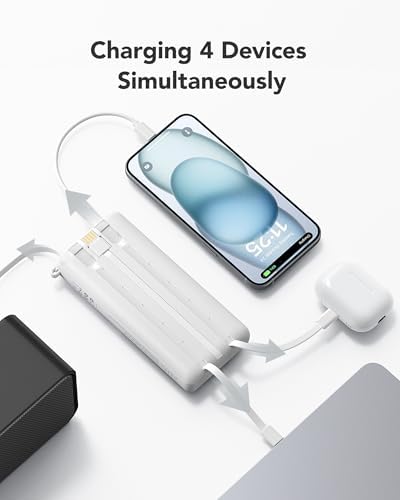 Ultimate 20000 m Ah VRURC Portable Charger with Built-in Cables – Fast Charging Power Bank for Travel, PD & QC 3.0 Compatible, 4 Output Ports & Dual Input, Ideal for i Phone, Samsung, Android Devices – Compact & Durable Battery Pack for On-the-Go Power