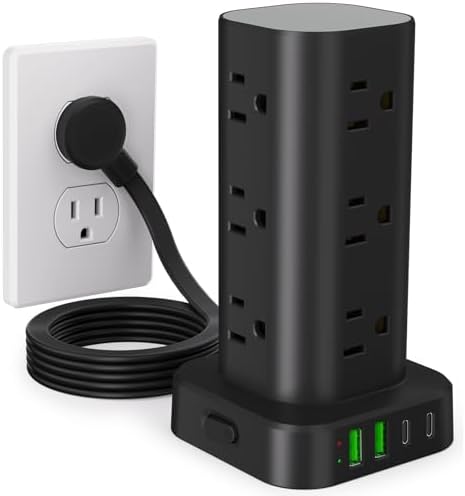 Ultimate Power Strip Tower with 15 W Wireless Charger and 10 FT Extension Cord – 12 AC Outlets & 4 USB Ports (2 USB-C) – Space-Saving Surge Protector for Home, Office, and Dorm Use – Advanced Compatibility for All Devices