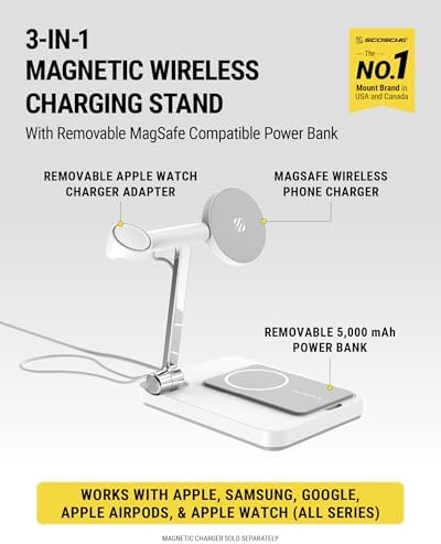 Scosche MSQFG2 N1 WT Magic Mount Travel 2-in-1 Magnetic Wireless Charging Station – Sleek Fast Charger for i Phone 12/13/14/15/16 Pro Max & Air Pods, Compact Foldable Design for Ultimate Portability and Enhanced Mag Safe Compatibility, White