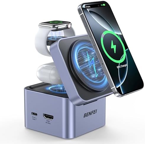 Ultra-Compact BENFEI 3-in-1 Mag Safe Wireless Charger Stand with USB-C Hub – Fast Charging Station for i Phone 16/15/14/13/12, Apple Watch & Air Pods, Featuring HDMI (4 K@60 Hz), 100 W PD, 2 USB 3.0 Ports for Enhanced Connectivity – Travel-Friendly Design with Adjustable Viewing Angles