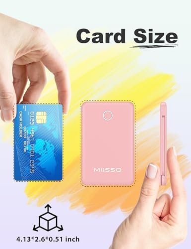 Ultra Slim 6000 m Ah Power Bank with Built-In USB C Cords – Card-Sized Portable Charger for Effortless On-the-Go Charging, Triple Output for i Phone, Samsung, Google Devices – Stylish and Compact Battery Pack for Enhanced Efficiency and Versatility